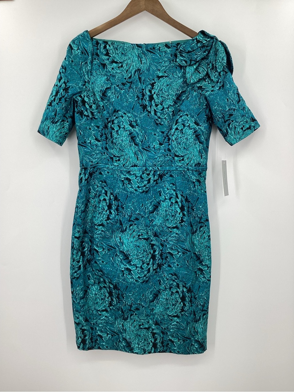 Teri Jon Teal Floral Jacquard Midi Sheath Dress